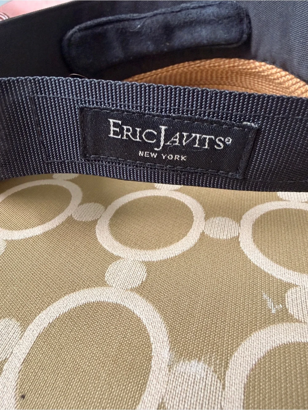 Eric Javits Tan Straw Visor with Black Band and Gold Stud - Picture 3 of 5